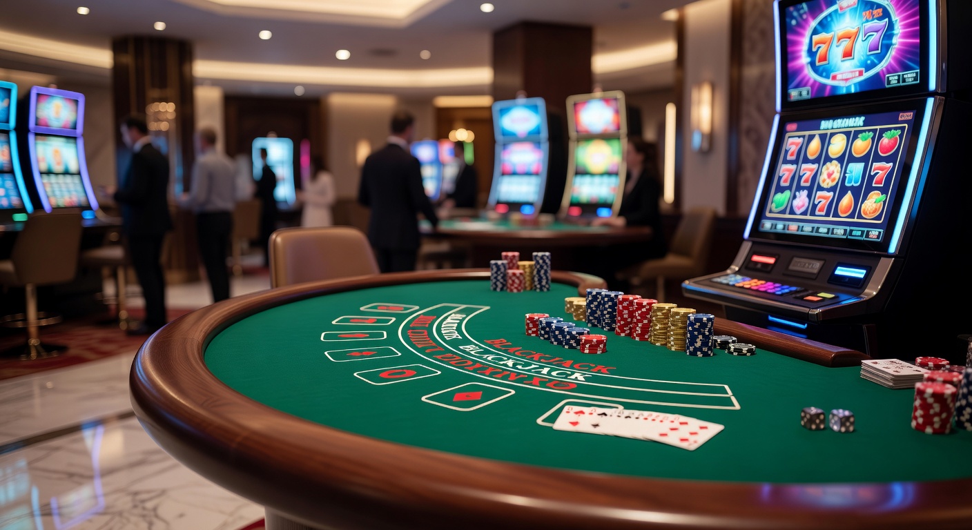 Uitzicht op een bruisend casino met roulettetafels, blackjackspelers en flitsende gokkasten