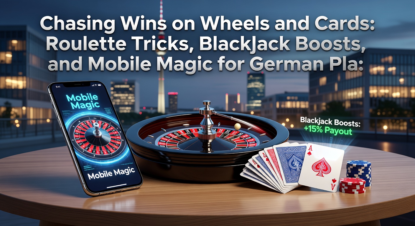 Mobiele blackjack-tafel met roulette-opties op smartphone-scherm, omringd door Duitse vlag en euromunten voor lokale relevantie