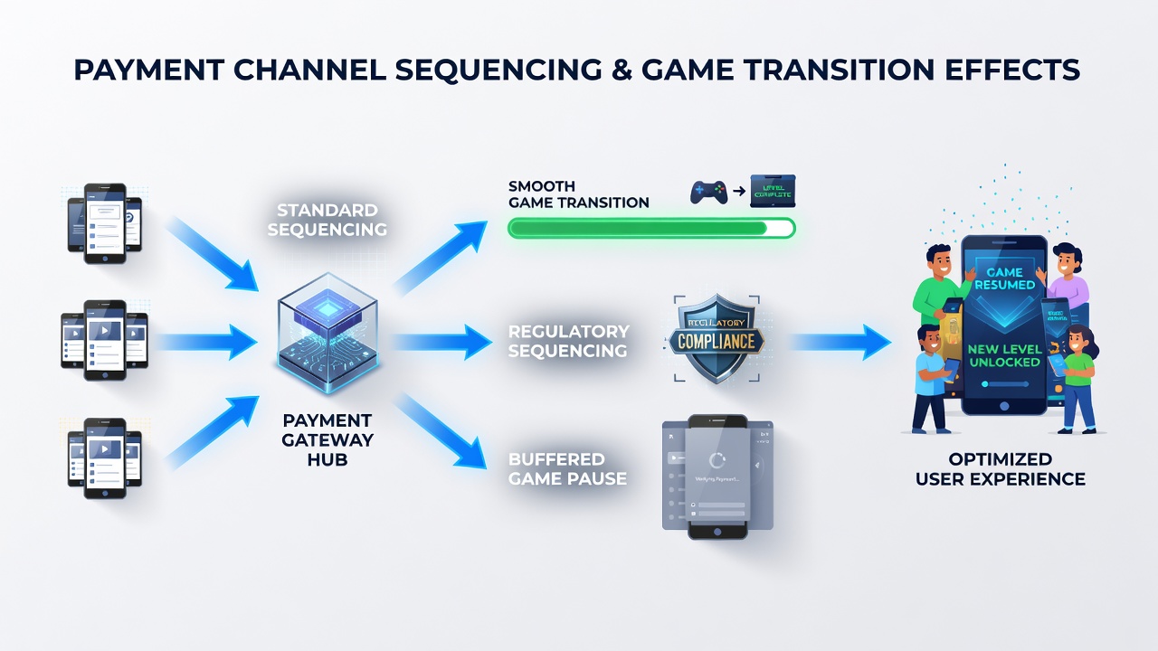 Mobiele app interface die betalingskanaal sequencing toont tijdens een spelovergang met live data weergave
