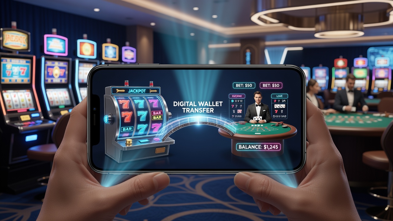 Mobiele casino interface met wallet overgang tussen slots en live tafels