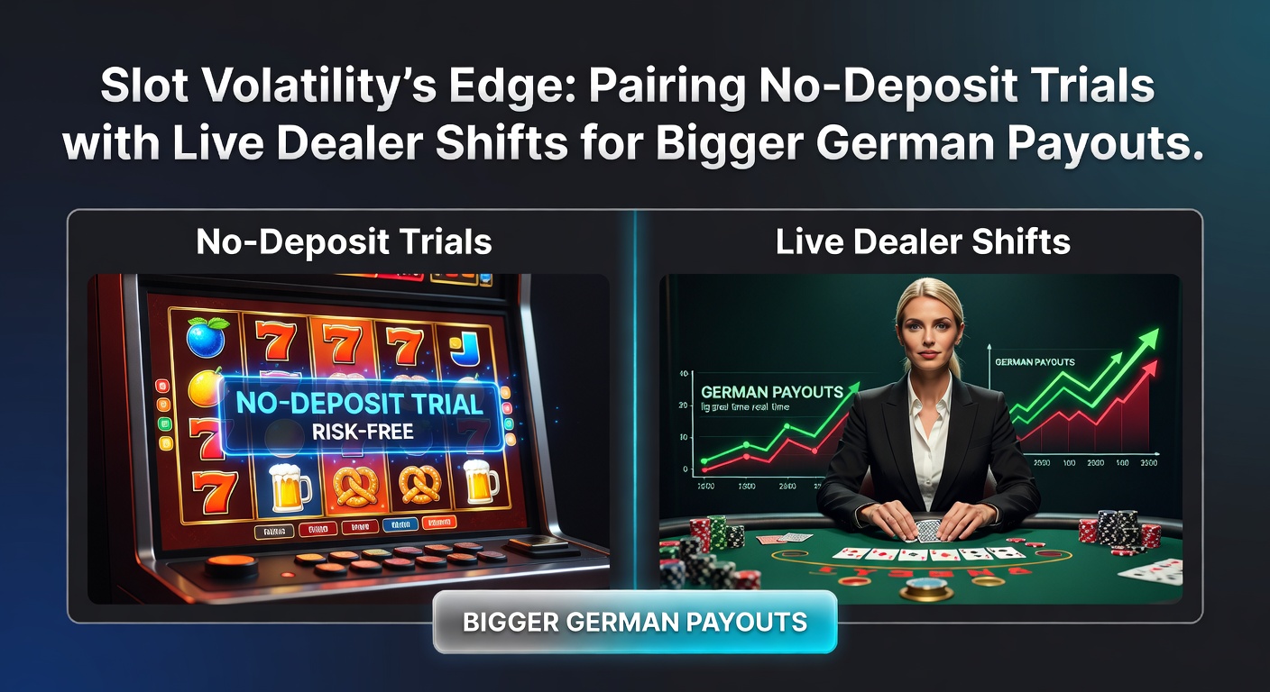 Grafiek met slot volatility curves en no-deposit bonus icons naast live dealer tafels, illustrerend payout potentieel voor Duitse spelers