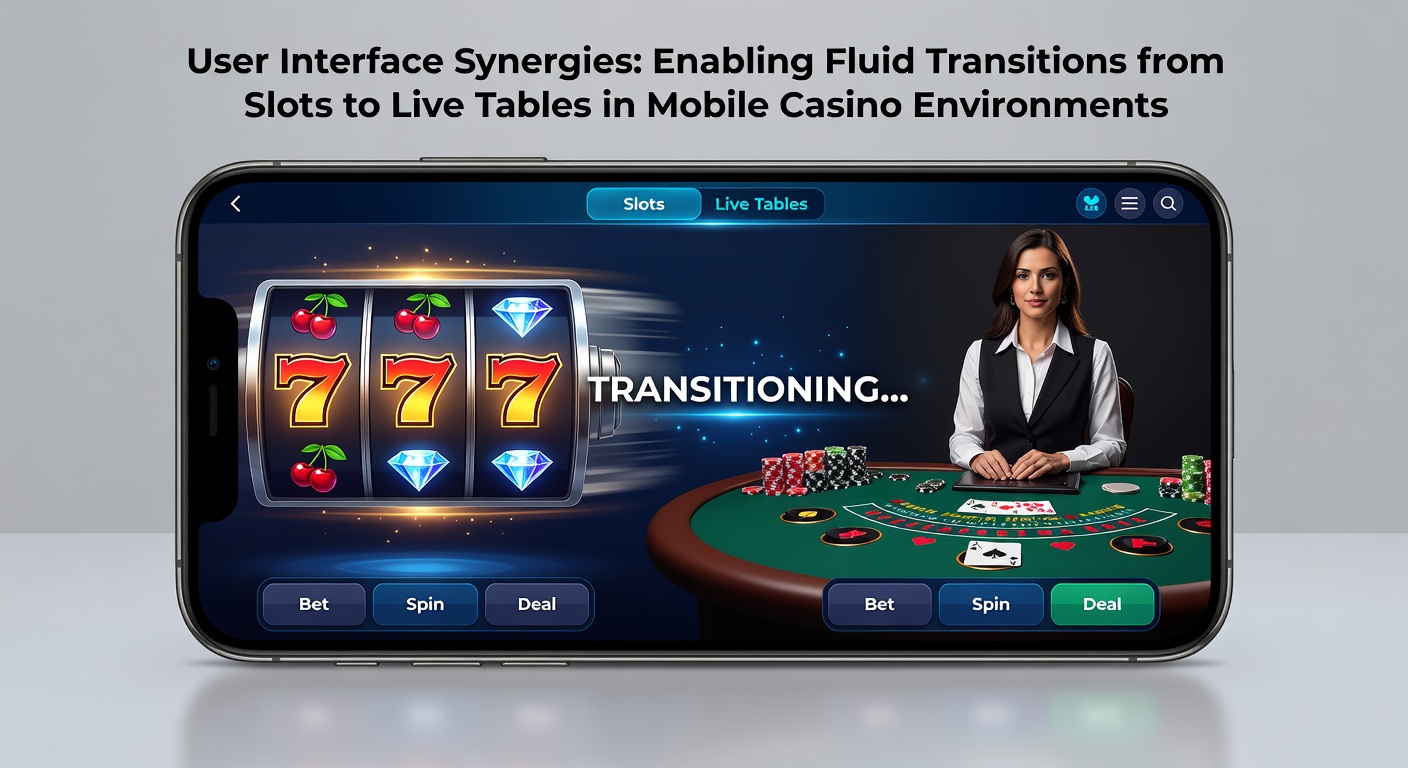 Mobiele casino interface met naadloze overgang van slots naar live tafels op smartphone scherm